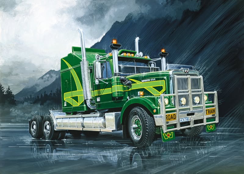 Illustration of a green Australian prime mover truck on a wet road